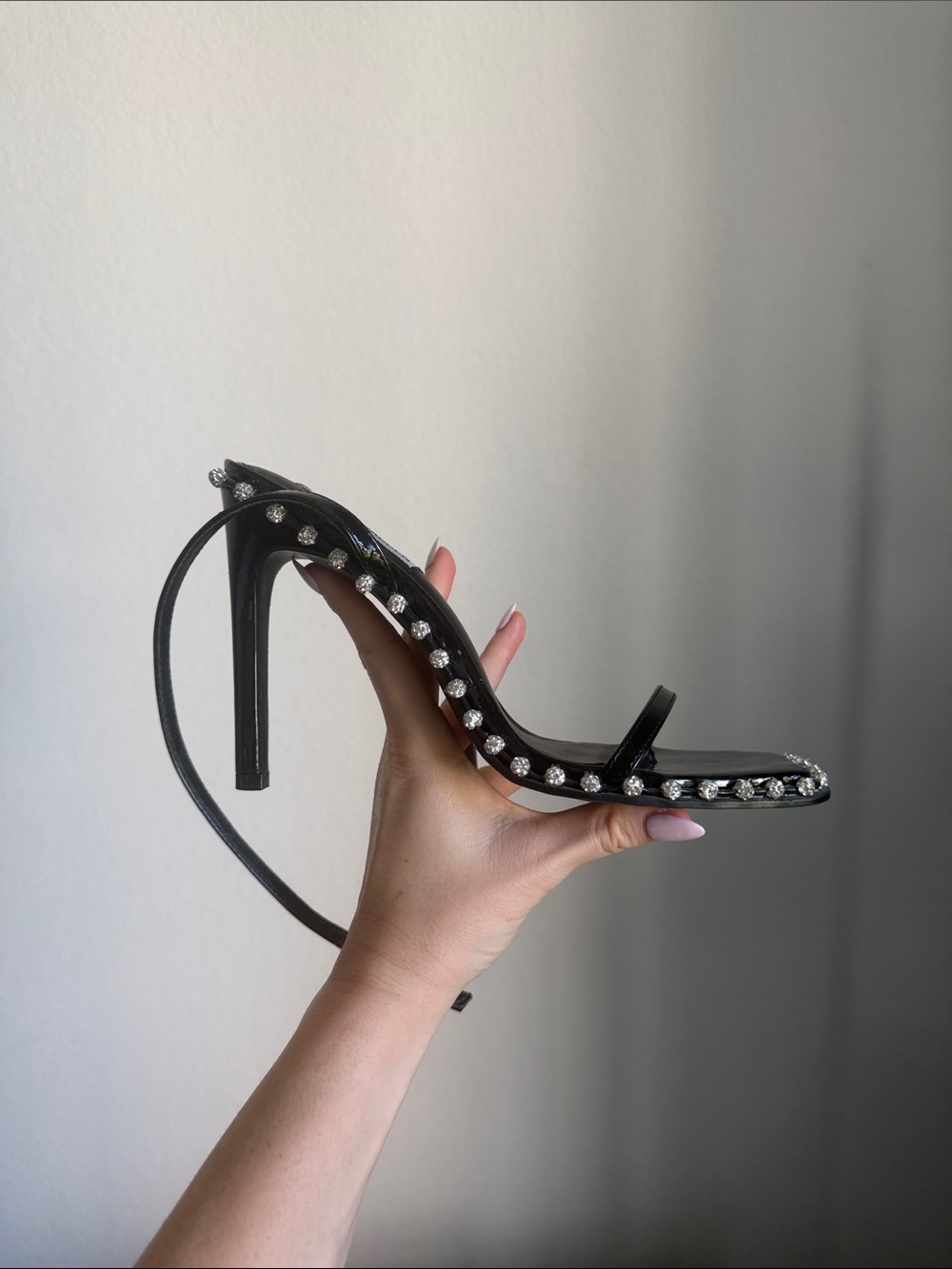 Steve Madden Black Patent Square-Toe Crystal Trim Sandal - Picture 2 of 3